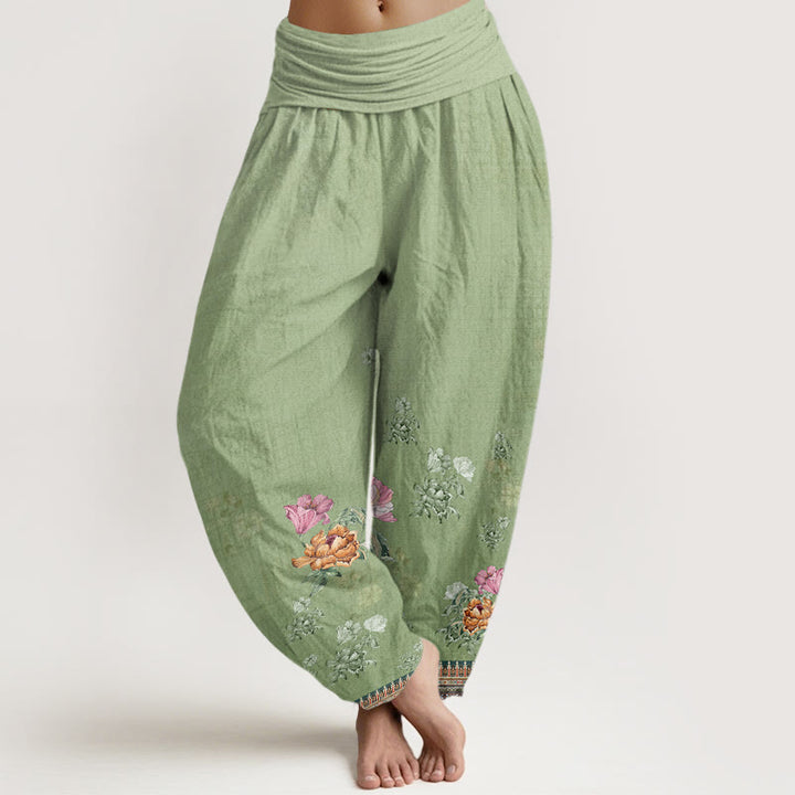 Pantalones harén de cintura elástica para mujer con estampado de pétalos de peonía y piedras de Buddha Stones - Verde amarillento - US22，UK/AU26，EU54 (6XL) - image 0