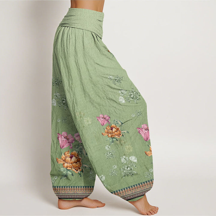 Pantalones harén de cintura elástica para mujer con estampado de pétalos de peonía y piedras de Buddha Stones - image 1