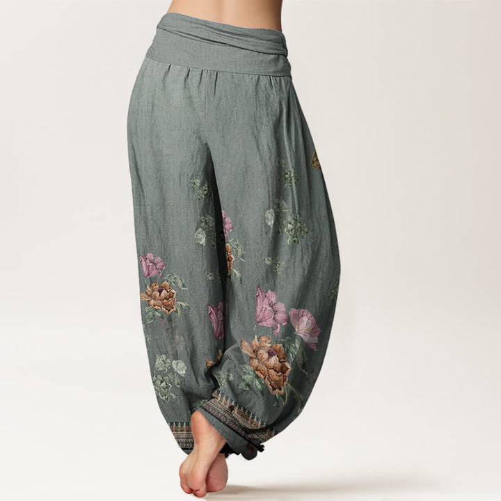 Pantalones harén de cintura elástica para mujer con estampado de pétalos de peonía y piedras de Buddha Stones - image 6
