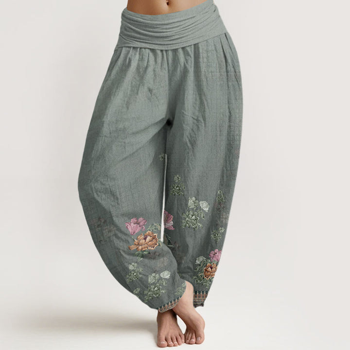Pantalones harén de cintura elástica para mujer con estampado de pétalos de peonía y piedras de Buddha Stones - Gris oscuro - US22，UK/AU26，EU54 (6XL) - image 4