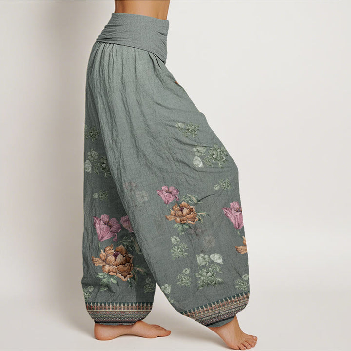 Pantalones harén de cintura elástica para mujer con estampado de pétalos de peonía y piedras de Buddha Stones - image 5