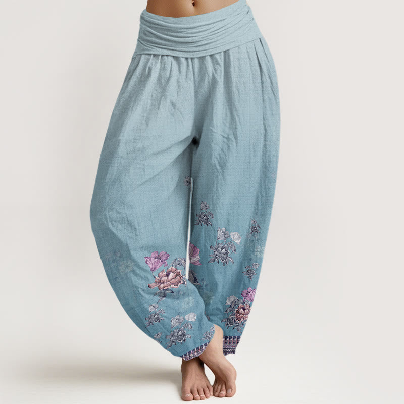 Pantalones harén de cintura elástica para mujer con estampado de pétalos de peonía y piedras de Buddha Stones - Azul celeste claro - US22，UK/AU26，EU54 (6XL) - image 7