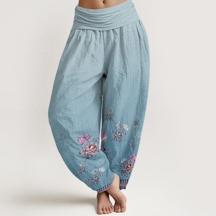 Pantalones harén de cintura elástica para mujer con estampado de pétalos de peonía y piedras de Buddha Stones - Azul celeste claro - US22，UK/AU26，EU54 (6XL) - image 7