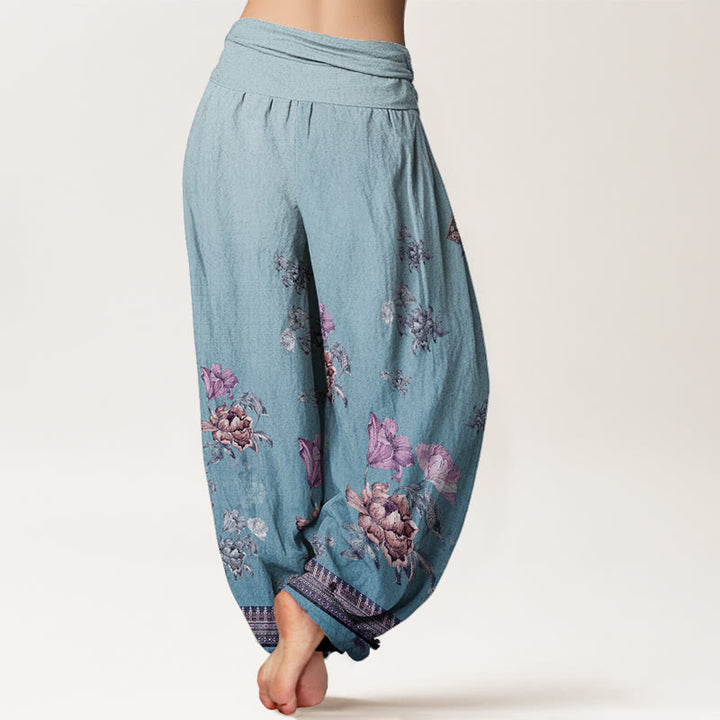 Pantalones harén de cintura elástica para mujer con estampado de pétalos de peonía y piedras de Buddha Stones - image 9