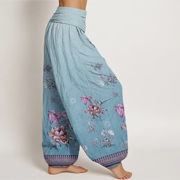 Pantalones harén de cintura elástica para mujer con estampado de pétalos de peonía y piedras de Buddha Stones - image 9