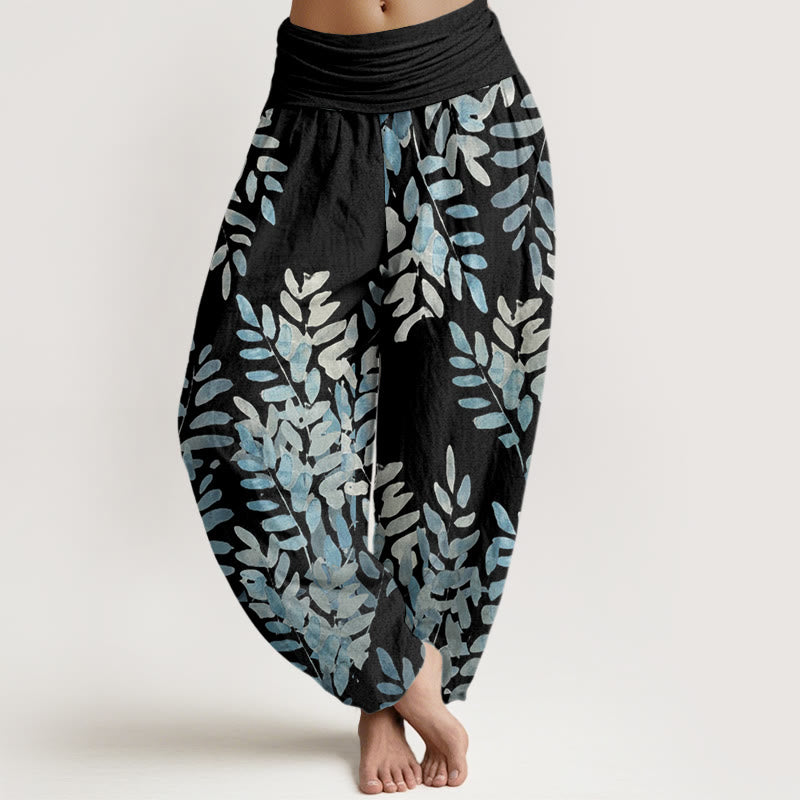 Pantalones harén de cintura elástica para mujer con estampado de hojas entrelazadas y Buddha Stones - Negro - US22，UK/AU26，EU54 (6XL) - image 1