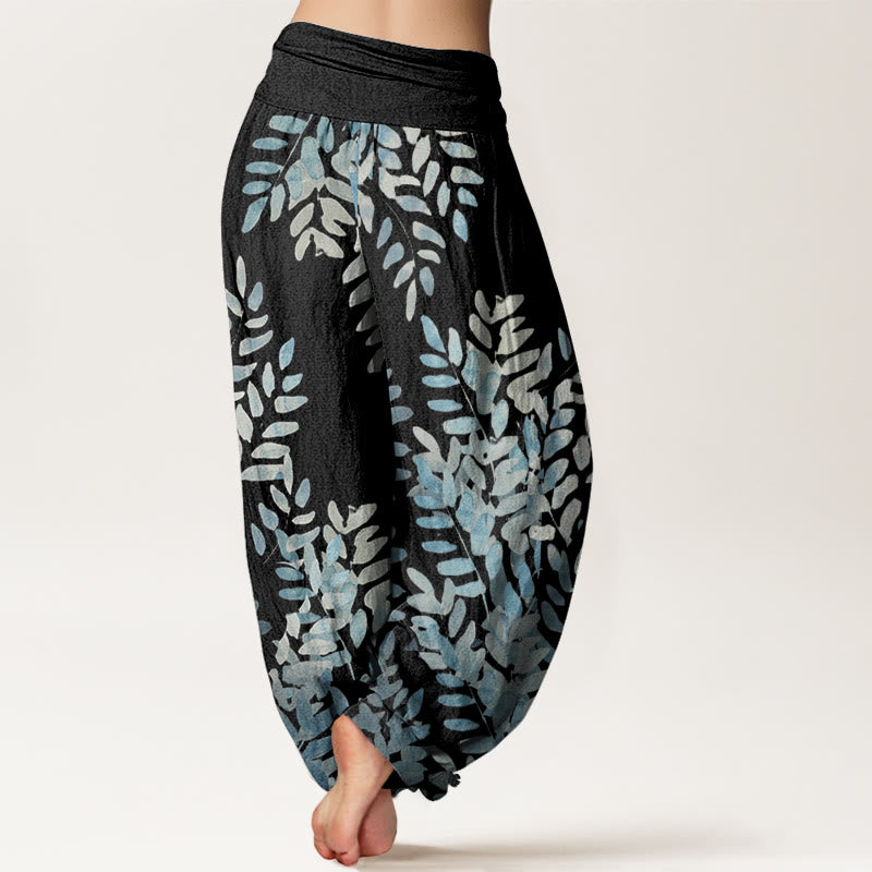 Pantalones harén de cintura elástica para mujer con estampado de hojas entrelazadas y Buddha Stones - image 3