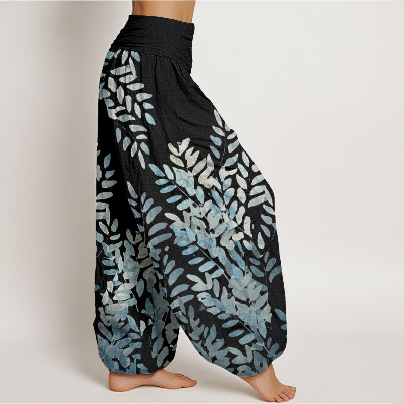 Pantalones harén de cintura elástica para mujer con estampado de hojas entrelazadas y Buddha Stones - image 1