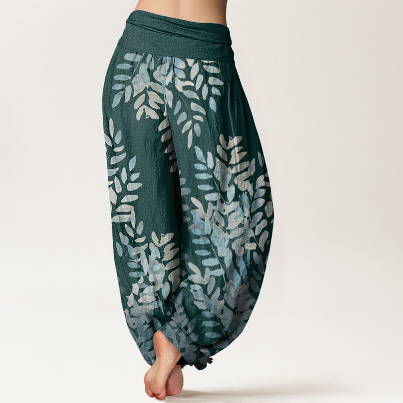 Pantalones harén de cintura elástica para mujer con estampado de hojas entrelazadas y Buddha Stones - image 6