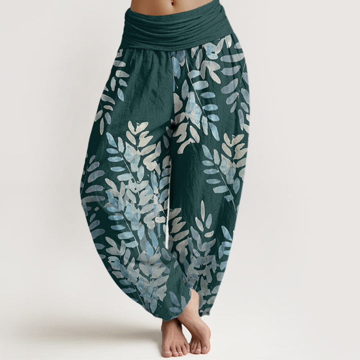 Pantalones harén de cintura elástica para mujer con estampado de hojas entrelazadas y Buddha Stones - Cian oscuro - US22，UK/AU26，EU54 (6XL) - image 4