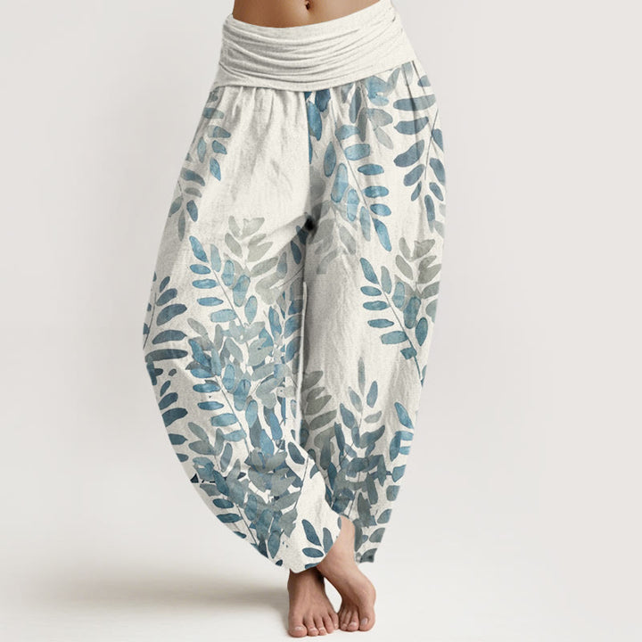 Pantalones harén de cintura elástica para mujer con estampado de hojas entrelazadas y Buddha Stones - Marfil - US22，UK/AU26，EU54 (6XL) - image 7