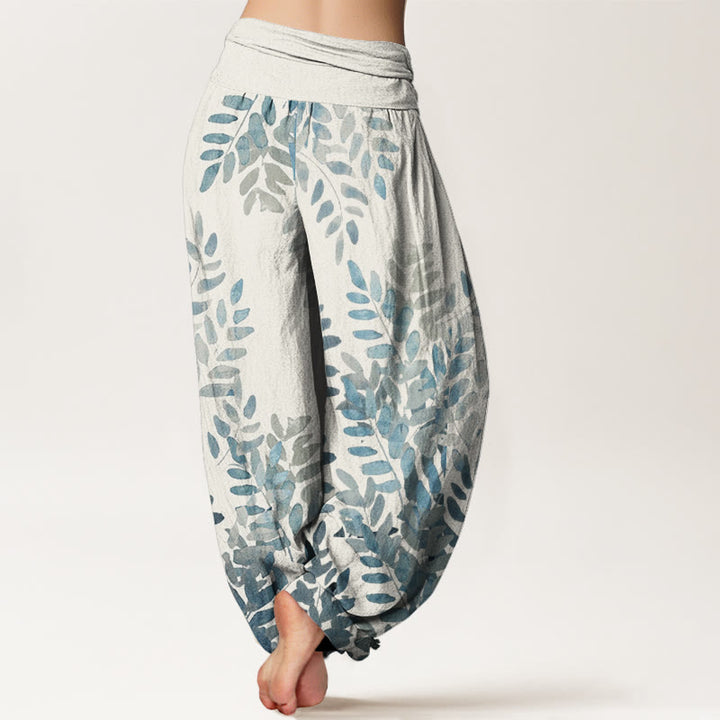 Pantalones harén de cintura elástica para mujer con estampado de hojas entrelazadas y Buddha Stones - image 9