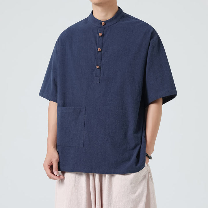 Camisa de algodón de media manga para hombre con diseño informal de media rana y botones, cuello alto y bolsillo, con Buddha Stones