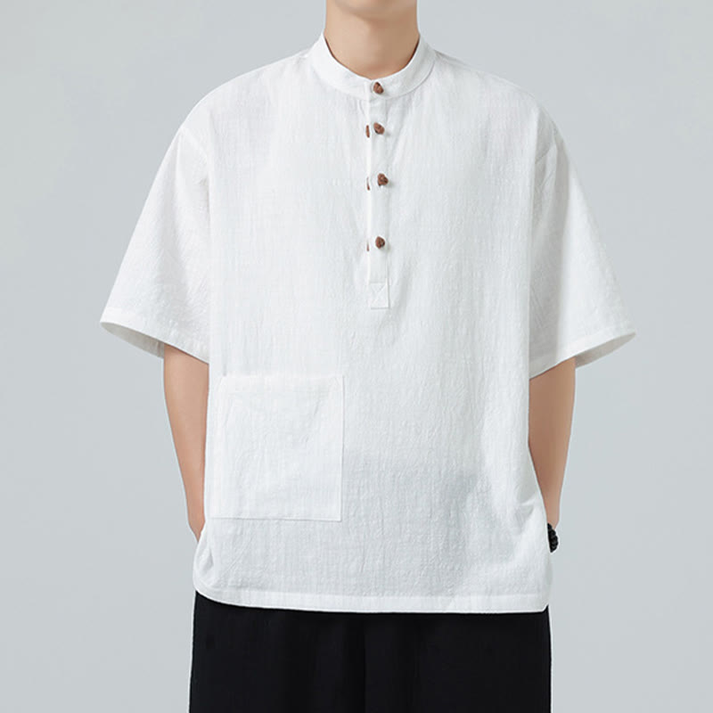 Camisa de algodón de media manga para hombre con diseño informal de media rana y botones, cuello alto y bolsillo, con Buddha Stones
