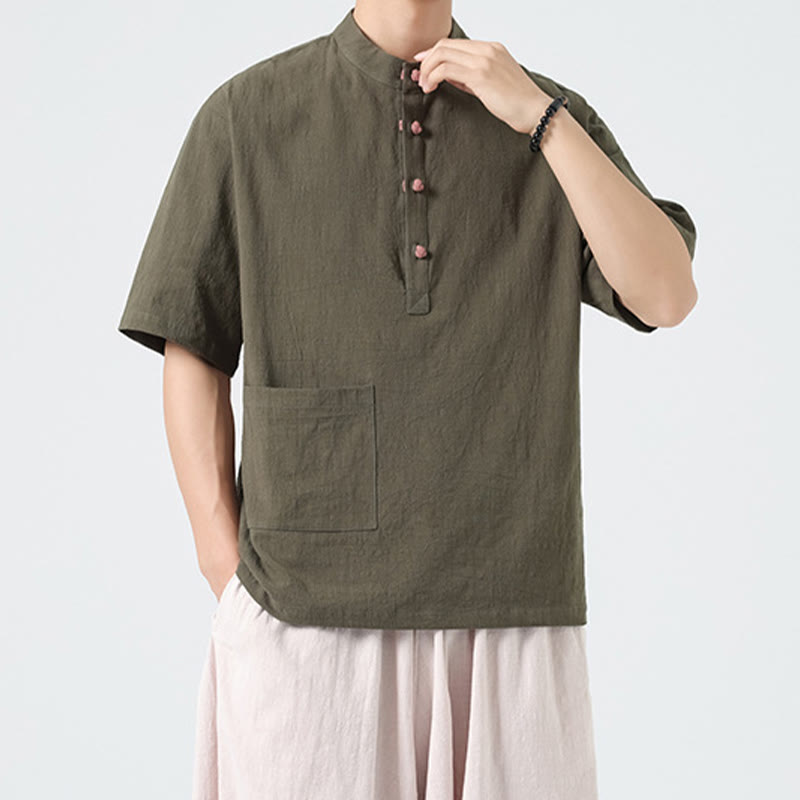 Camisa de algodón de media manga para hombre con diseño informal de media rana y botones, cuello alto y bolsillo, con Buddha Stones