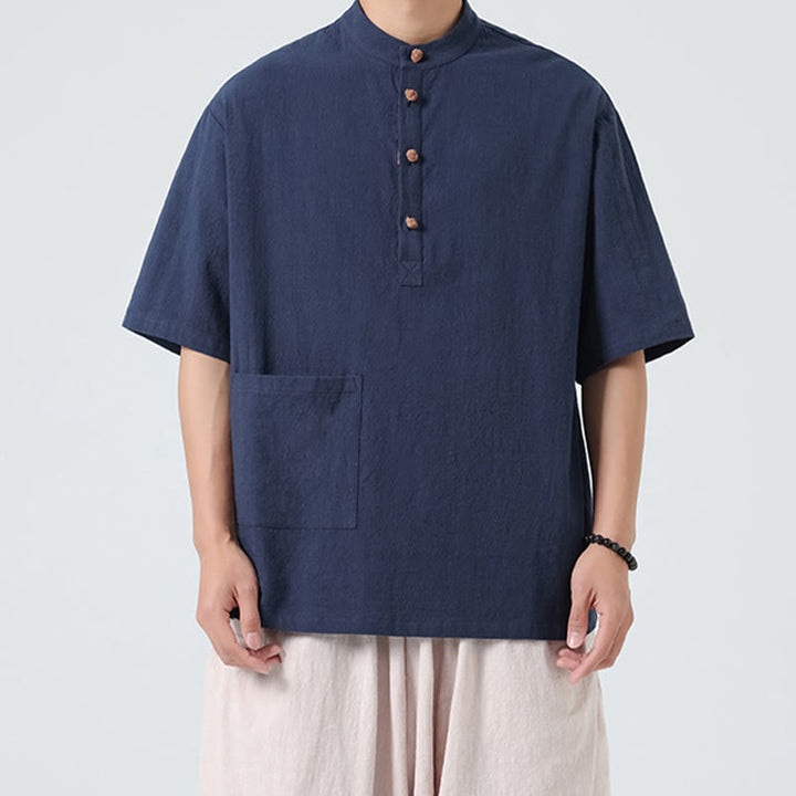 Camisa de algodón de media manga para hombre con diseño informal de media rana y botones, cuello alto y bolsillo, con Buddha Stones