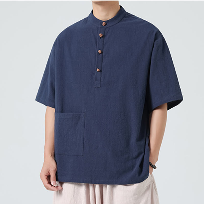 Camisa de algodón de media manga para hombre con diseño informal de media rana y botones, cuello alto y bolsillo, con Buddha Stones