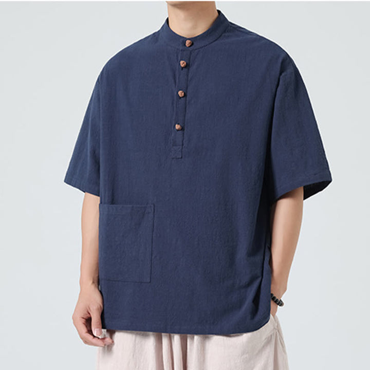 Camisa de algodón de media manga para hombre con diseño informal de media rana y botones, cuello alto y bolsillo, con Buddha Stones