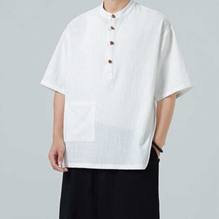 Camisa de algodón de media manga para hombre con diseño informal de media rana y botones, cuello alto y bolsillo, con Buddha Stones