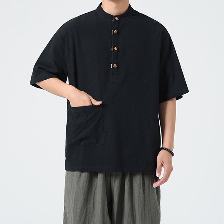 Camisa de algodón de media manga para hombre con diseño informal de media rana y botones, cuello alto y bolsillo, con Buddha Stones