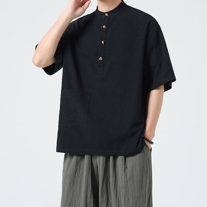 Camisa de algodón de media manga para hombre con diseño informal de media rana y botones, cuello alto y bolsillo, con Buddha Stones