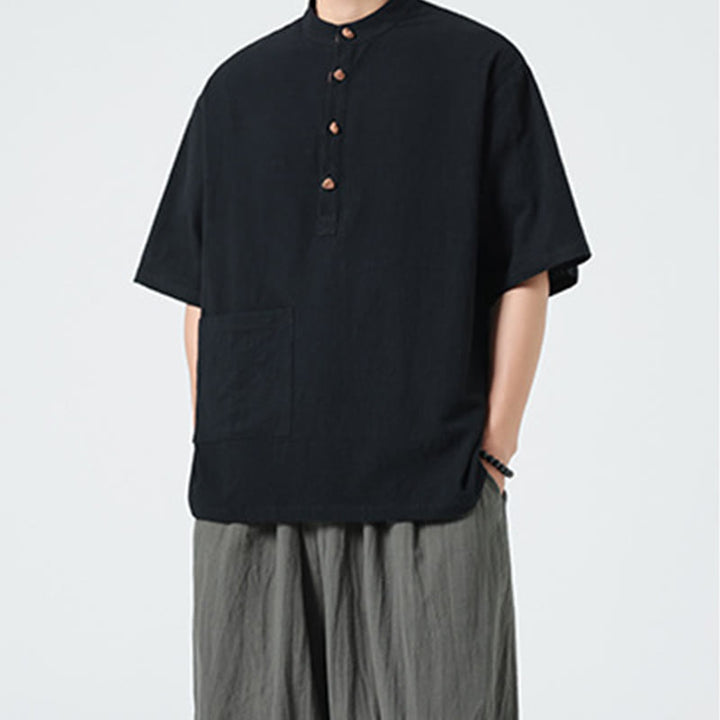 Camisa de algodón de media manga para hombre con diseño informal de media rana y botones, cuello alto y bolsillo, con Buddha Stones