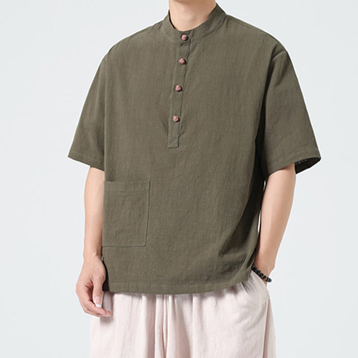 Camisa de algodón de media manga para hombre con diseño informal de media rana y botones, cuello alto y bolsillo, con Buddha Stones