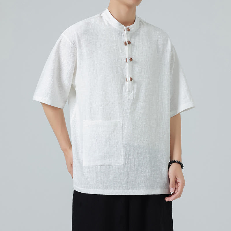 Camisa de algodón de media manga para hombre con diseño informal de media rana y botones, cuello alto y bolsillo, con Buddha Stones
