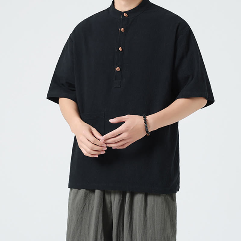 Camisa de algodón de media manga para hombre con diseño informal de media rana y botones, cuello alto y bolsillo, con Buddha Stones