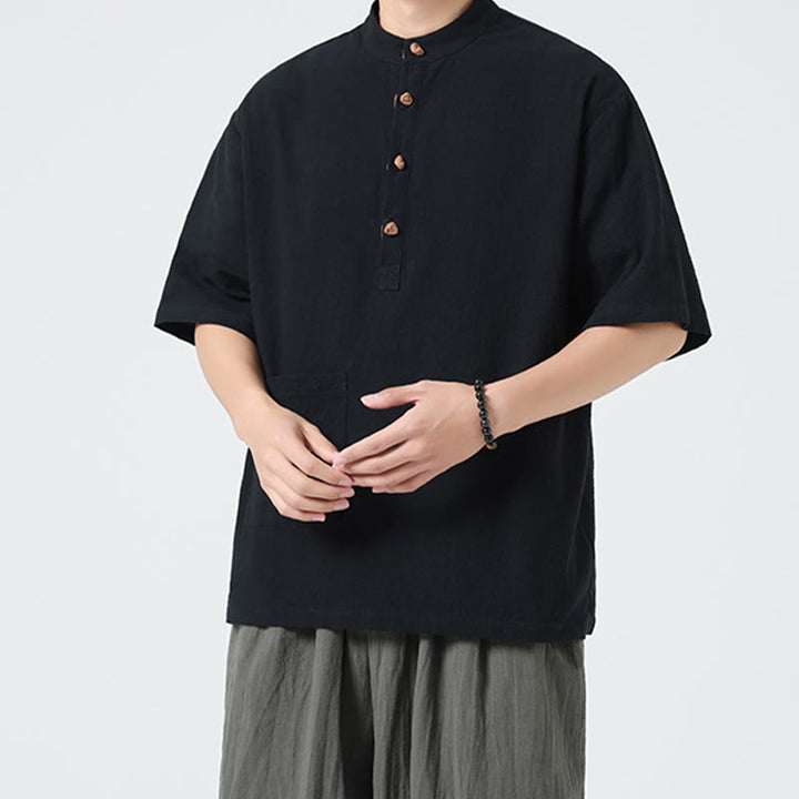 Camisa de algodón de media manga para hombre con diseño informal de media rana y botones, cuello alto y bolsillo, con Buddha Stones
