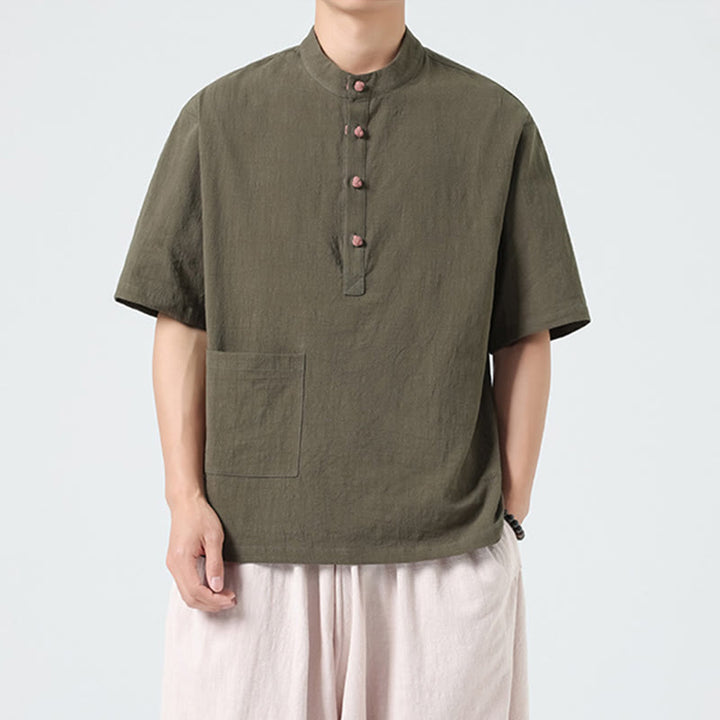 Camisa de algodón de media manga para hombre con diseño informal de media rana y botones, cuello alto y bolsillo, con Buddha Stones