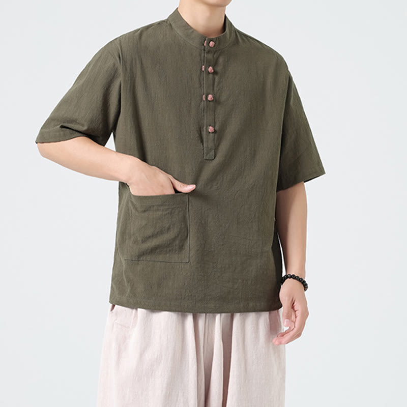 Camisa de algodón de media manga para hombre con diseño informal de media rana y botones, cuello alto y bolsillo, con Buddha Stones - Verde oliva - US/UK/AU46, EU56 (5XL) - image 21