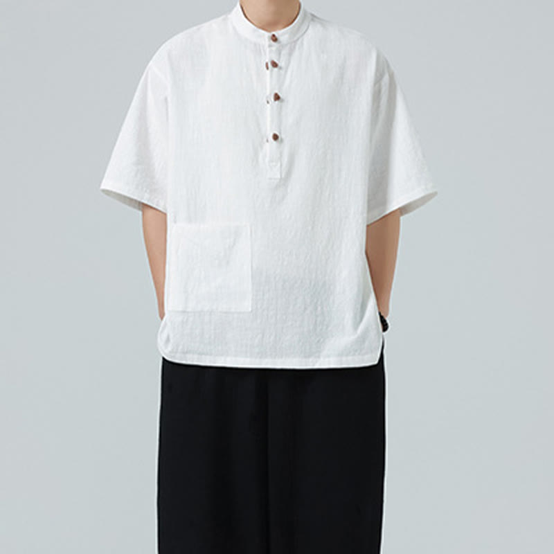 Camisa de algodón de media manga para hombre con diseño informal de media rana y botones, cuello alto y bolsillo, con Buddha Stones - image 20