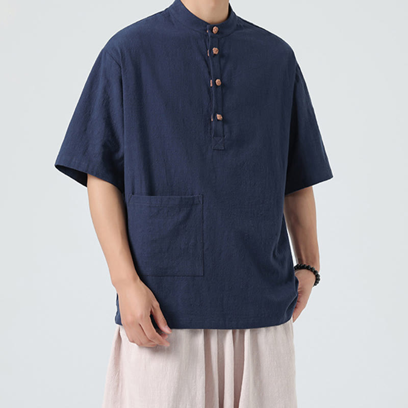 Camisa de algodón de media manga para hombre con diseño informal de media rana y botones, cuello alto y bolsillo, con Buddha Stones