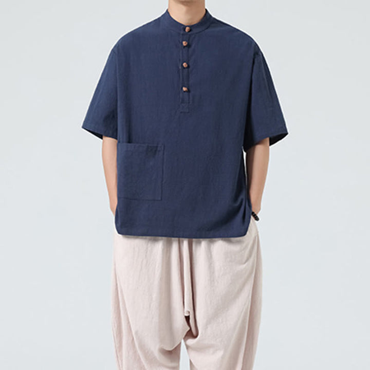 Camisa de algodón de media manga para hombre con diseño informal de media rana y botones, cuello alto y bolsillo, con Buddha Stones