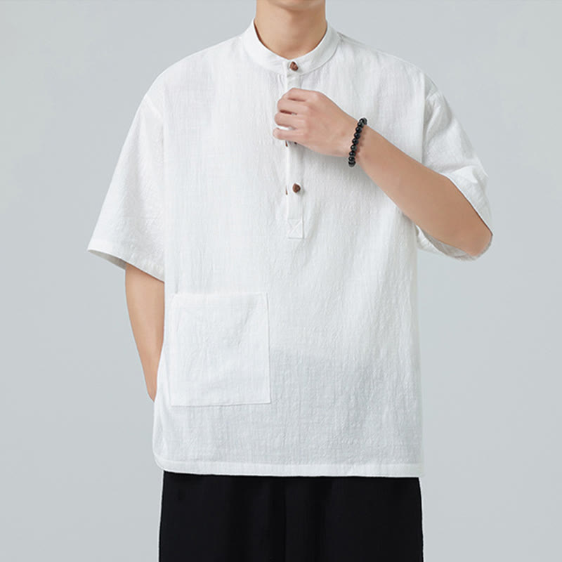 Camisa de algodón de media manga para hombre con diseño informal de media rana y botones, cuello alto y bolsillo, con Buddha Stones