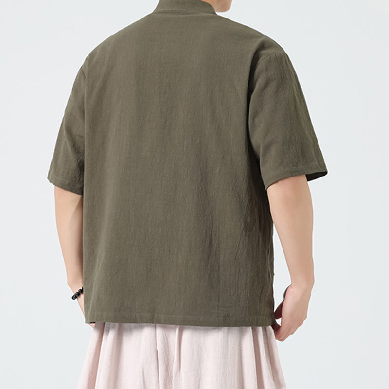 Camisa de algodón de media manga para hombre con diseño informal de media rana y botones, cuello alto y bolsillo, con Buddha Stones