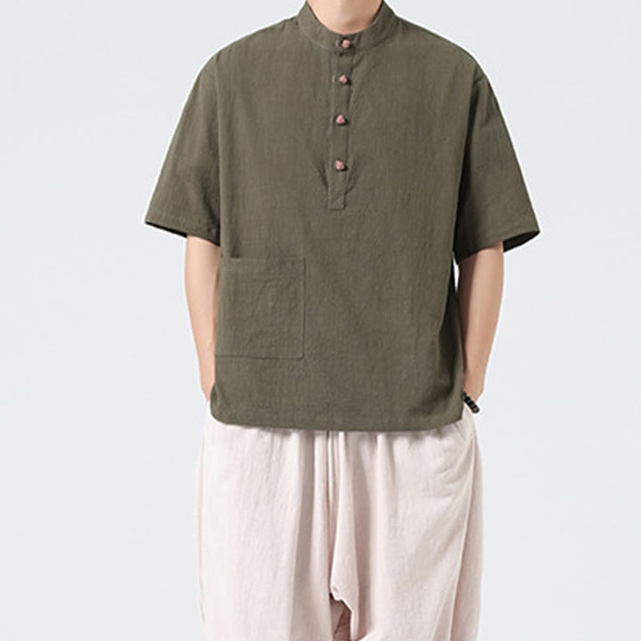 Camisa de algodón de media manga para hombre con diseño informal de media rana y botones, cuello alto y bolsillo, con Buddha Stones