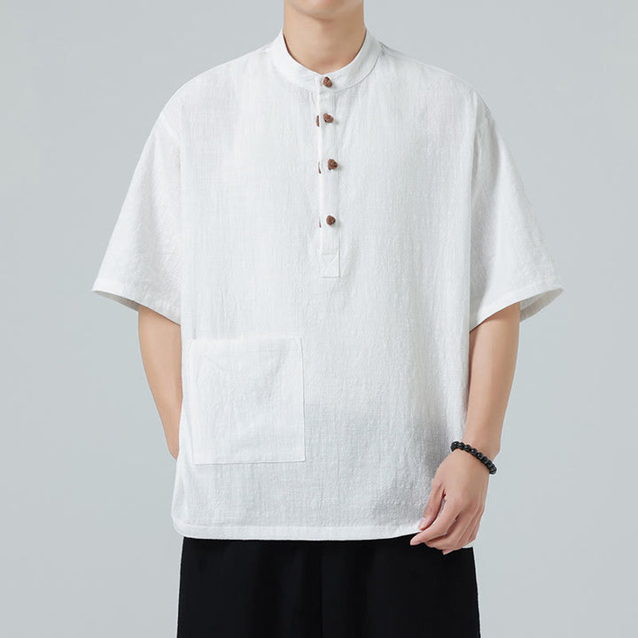 Camisa de algodón de media manga para hombre con diseño informal de media rana y botones, cuello alto y bolsillo, con Buddha Stones