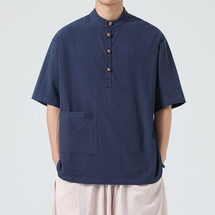 Camisa de algodón de media manga para hombre con diseño informal de media rana y botones, cuello alto y bolsillo, con Buddha Stones