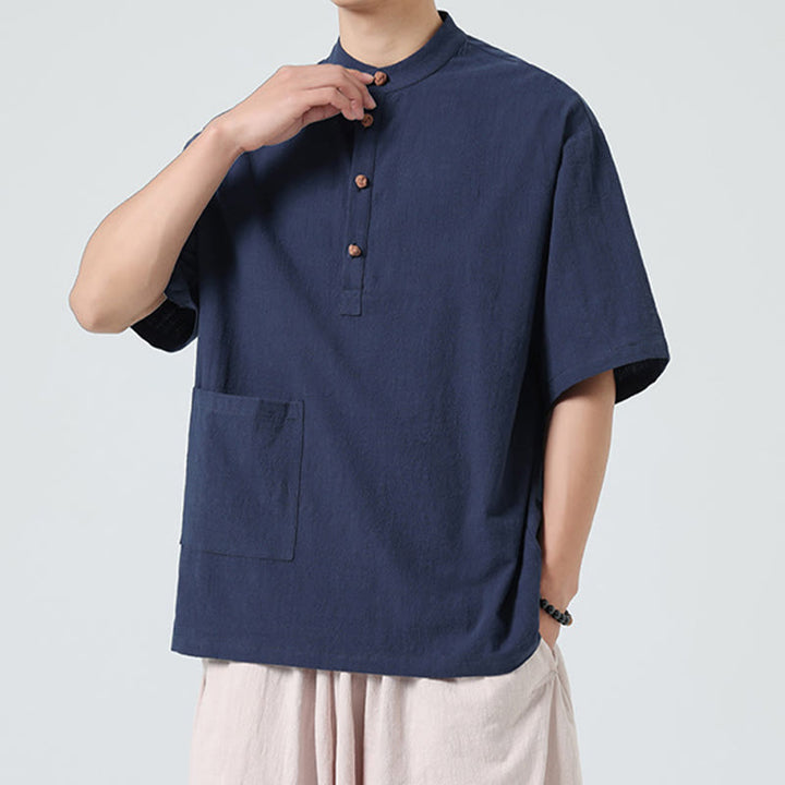 Camisa de algodón de media manga para hombre con diseño informal de media rana y botones, cuello alto y bolsillo, con Buddha Stones