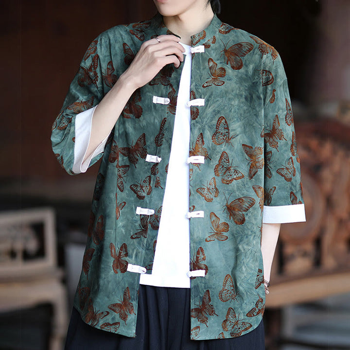 Camisa tipo cárdigan de algodón para hombre, con cuello alto, manga tres cuartos y estampado de mariposas y jacquard con diseño de rana blanca y botones