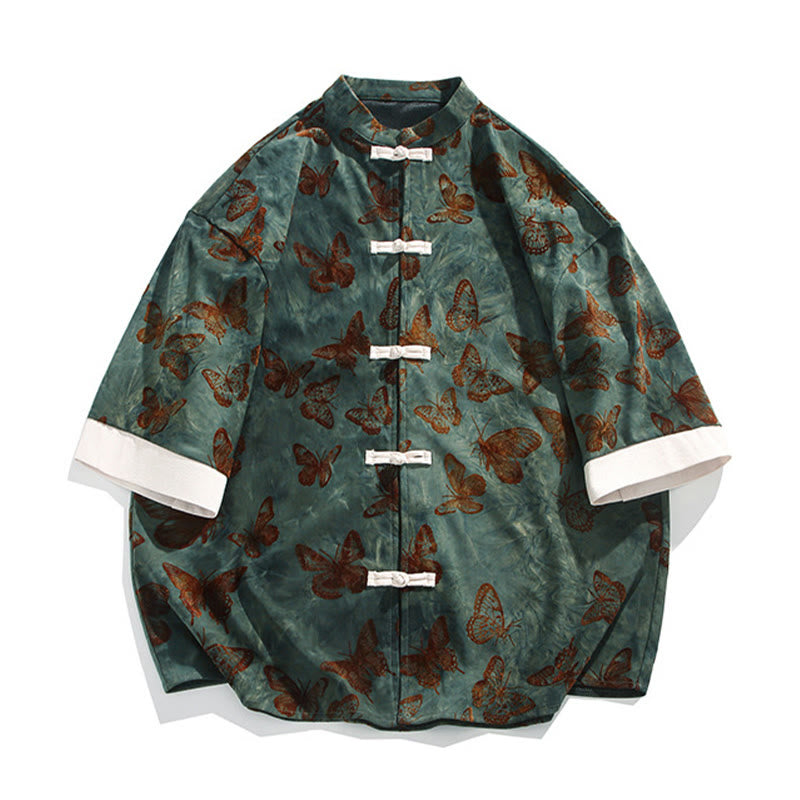 Camisa tipo cárdigan de algodón para hombre, con cuello alto, manga tres cuartos y estampado de mariposas y jacquard con diseño de rana blanca y botones