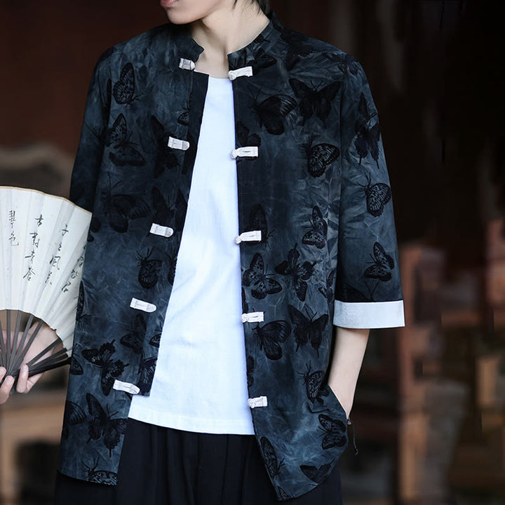 Camisa tipo cárdigan de algodón para hombre, con cuello alto, manga tres cuartos y estampado de mariposas y jacquard con diseño de rana blanca y botones