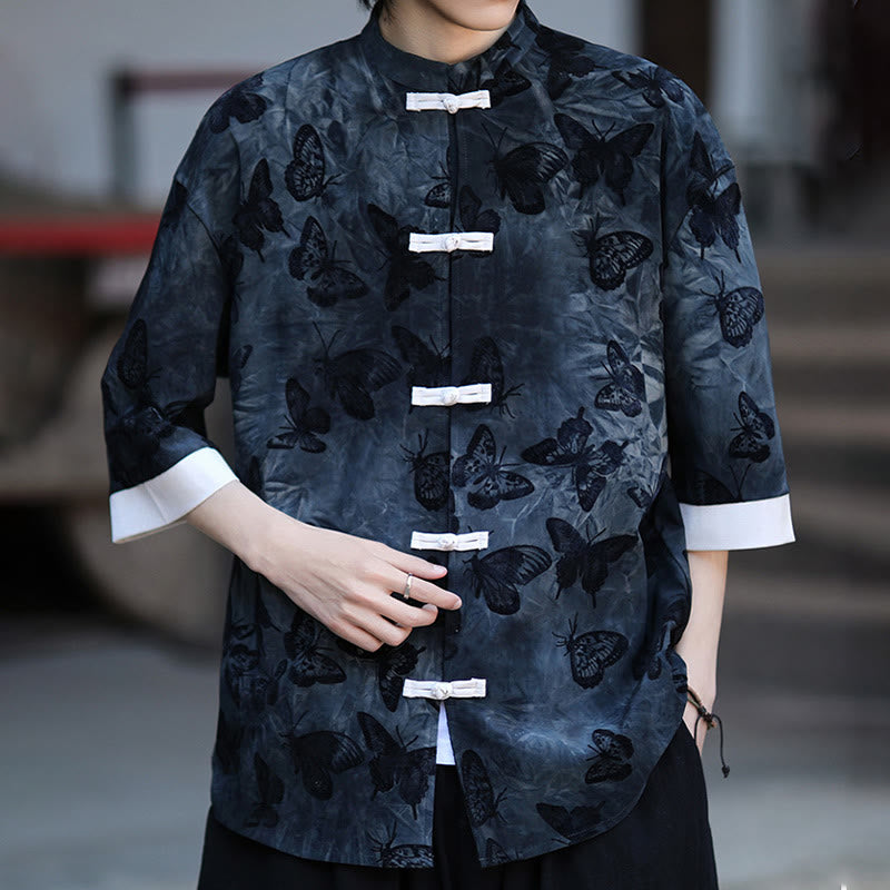 Camisa tipo cárdigan de algodón para hombre, con cuello alto, manga tres cuartos y estampado de mariposas y jacquard con diseño de rana blanca y botones
