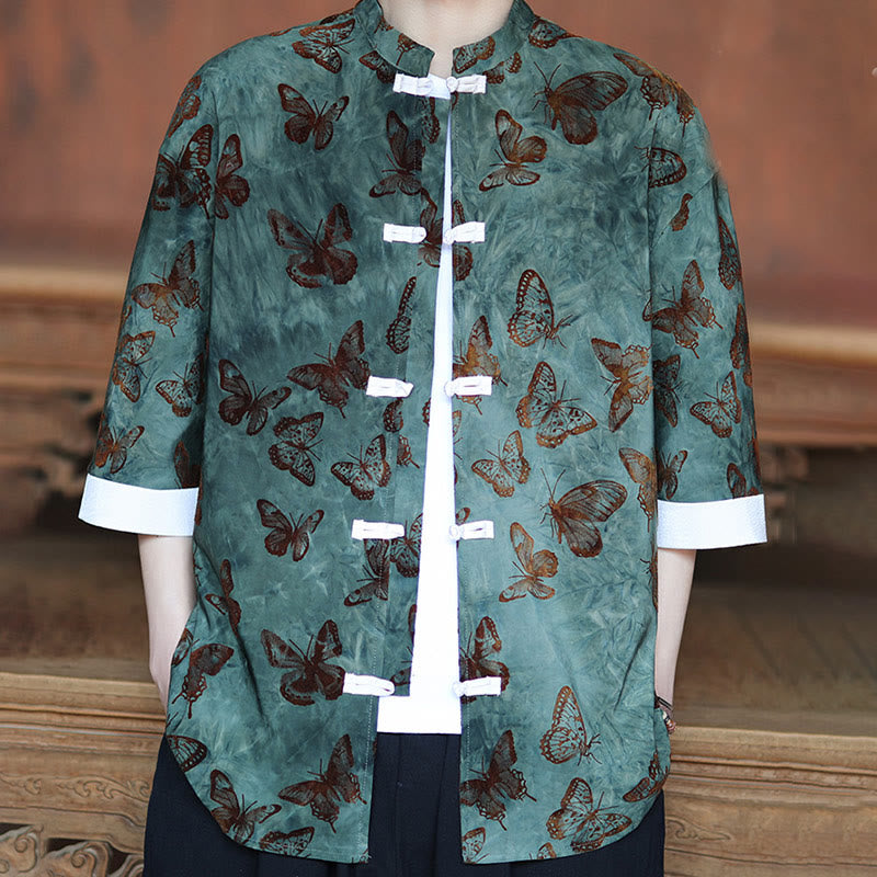 Camisa tipo cárdigan de algodón para hombre, con cuello alto, manga tres cuartos y estampado de mariposas y jacquard con diseño de rana blanca y botones