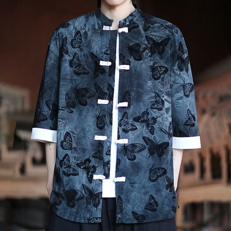 Camisa tipo cárdigan de algodón para hombre, con cuello alto, manga tres cuartos y estampado de mariposas y jacquard con diseño de rana blanca y botones