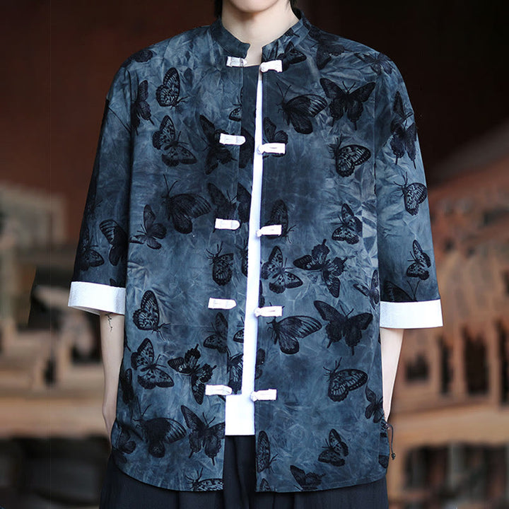 Camisa tipo cárdigan de algodón para hombre, con cuello alto, manga tres cuartos y estampado de mariposas y jacquard con diseño de rana blanca y botones
