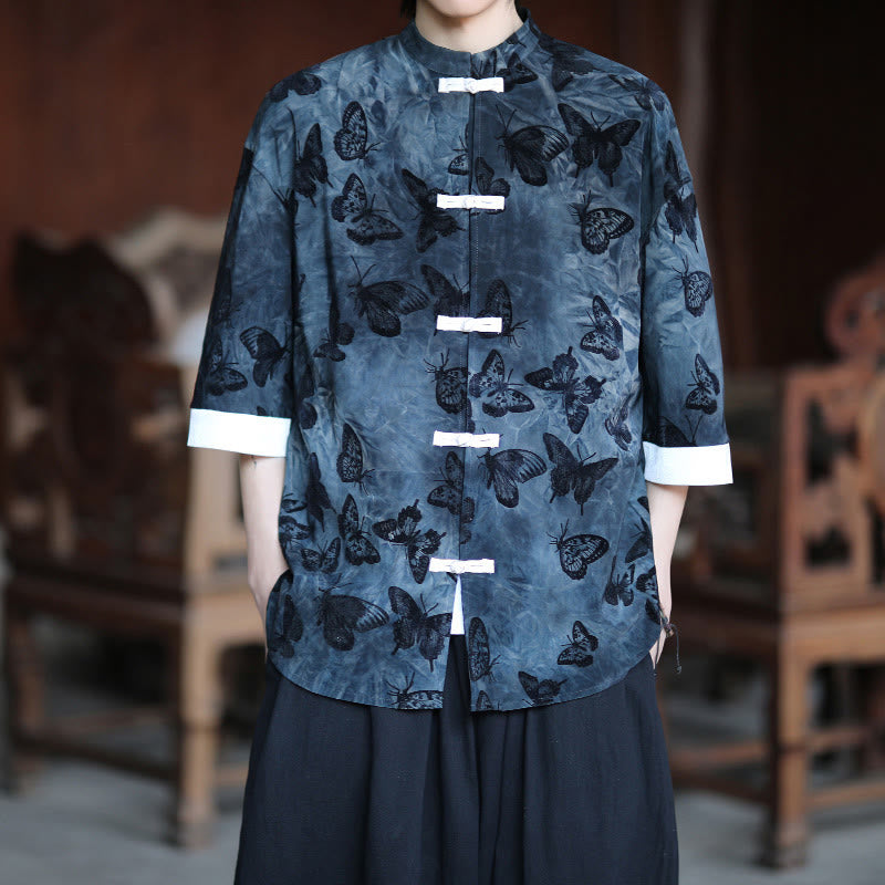 Camisa tipo cárdigan de algodón para hombre, con cuello alto, manga tres cuartos y estampado de mariposas y jacquard con diseño de rana blanca y botones