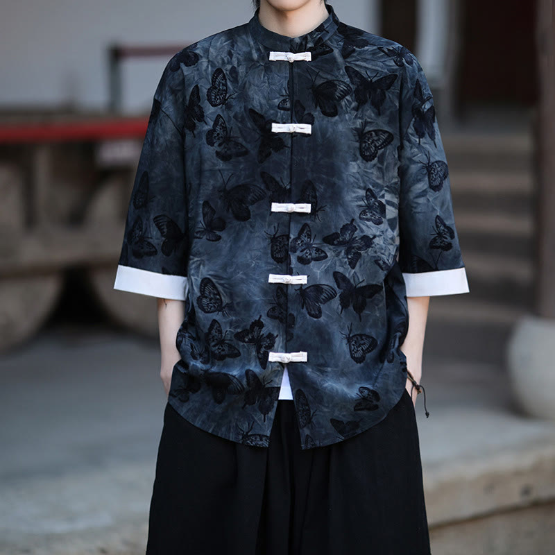 Camisa tipo cárdigan de algodón para hombre, con cuello alto, manga tres cuartos y estampado de mariposas y jacquard con diseño de rana blanca y botones
